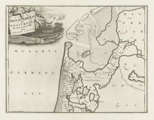 Historical map of the Netherlands with the territories of the Batavians and Frisians