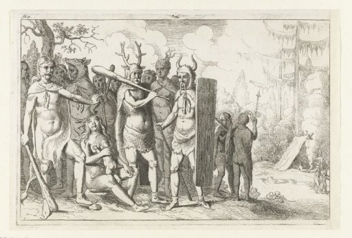 Armed warriors clad in skins