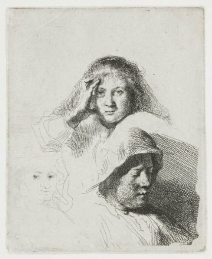 Three heads of women, one lightly etched