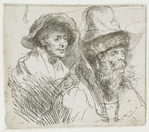 Sheet of studies, with a woman lying ill in bed: busts of two male figures