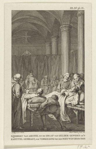 Gijsbrecht II of Amstel and the Count of Gelderland, wounded, brought to the chapter during the election of a new bishop, 1227