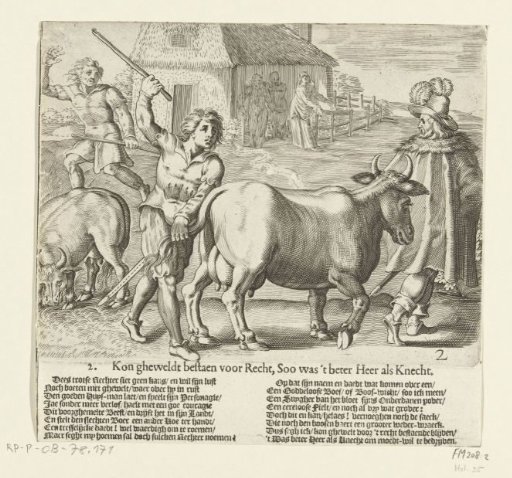 The bailiff leads the farmer's cow away