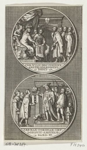 Two scenes on a coin box: presentation of the new coat of arms of Amsterdam, 1342; addition of the imperial crown, 1489