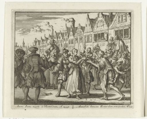 Anneken Jans gives her child to a baker for care on her way to the execution place in Rotterdam, 1539