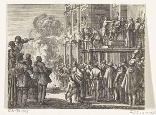 Jacob van Campen with a mitre on his head on the scaffold in Amsterdam, 1535