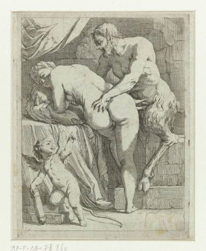 Naked woman with a satyr and Cupid