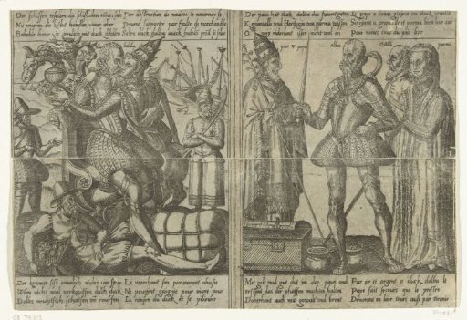 While Alva commits adultery with the Whore of Babylon, the country's economy declines / Margaret of Parma, Granvelle, and the Pope support Alva's mission, ca. 1567-1572
