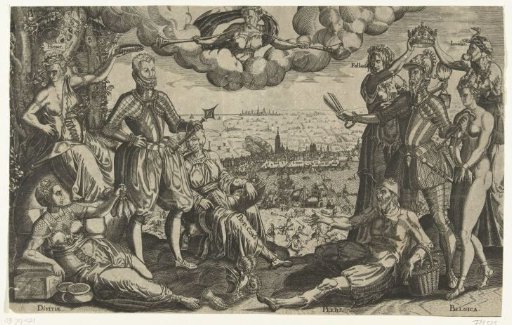 Comparison between Orange and Alba, with the Spanish Fury in the background, ca. 1577