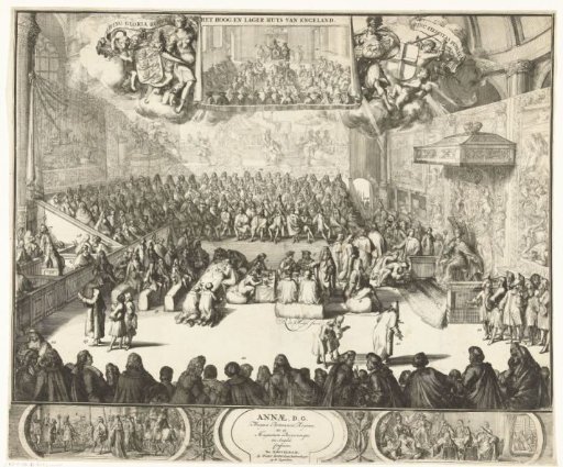Sitting of the House of Commons with Queen Anne on the throne, 1702
