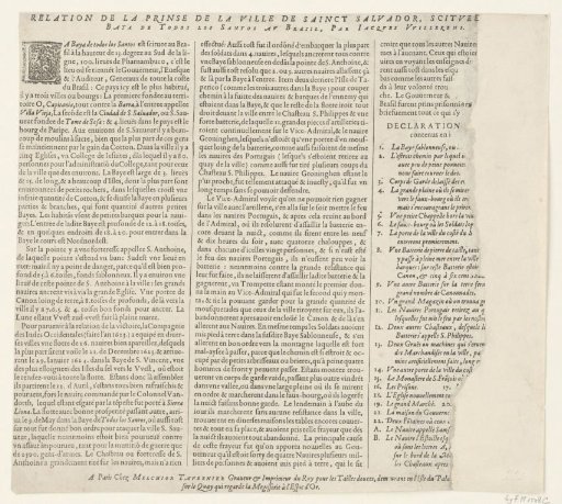 Text plate accompanying the print of the conquest of San Salvador in Brazil by Admiral Jacob Willekes, 1624