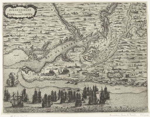 Forts at the mouth of the Rio Paraiba in Brazil captured by Admiral Lichthart, 1634