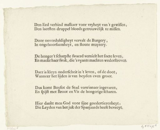 Sheet with Six Two-Line Verses on the Siege and Relief of Leiden, 1574
