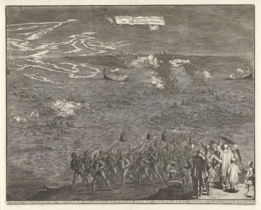 Night march of Spanish soldiers through the water to Duiveland, 1575