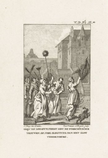 Tijn van Leemput leads a group of women to castle Vredenburg to demolish it, 1577