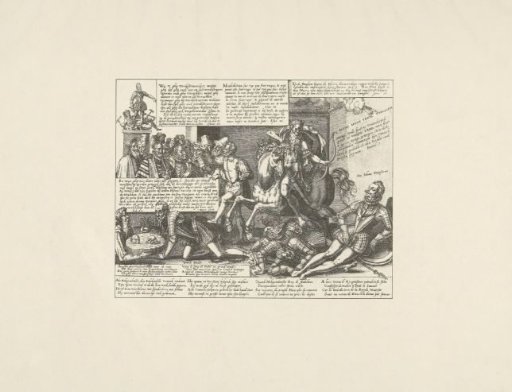 Reproduction of the print depicting the death of Don Juan and the humiliation of Alva, 1578