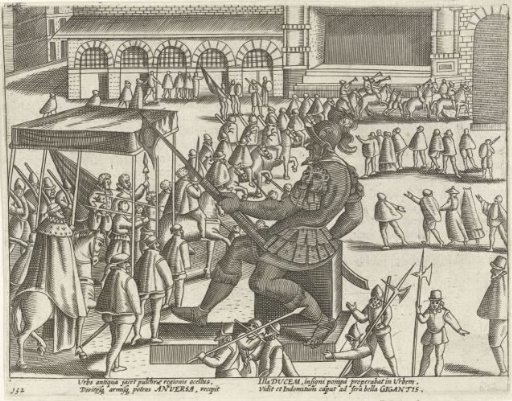 The procession passes the statue of the giant Antigon on the Grote Markt, 1582