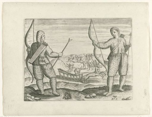 Samoyeds with Bow and Arrow, with a Reindeer Sledge and Musketeering Demonstrations in the Background, 1595