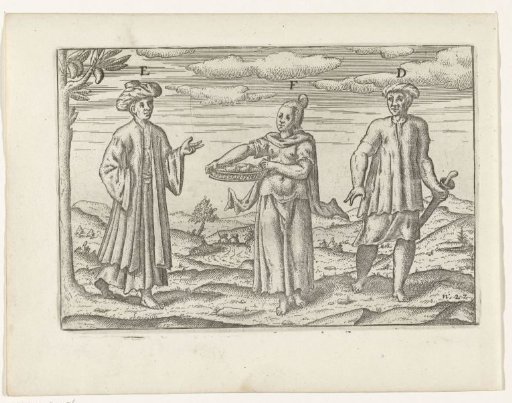 Malay merchant and a Keling with his wife at Bantam, 1596