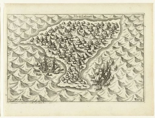 The Two Ships near one of the Ladrones or Mariana Islands, 1600