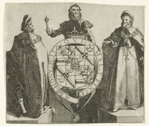 Herald with the Arms of Maurice Decorated with the Garter and Motto, with a Knight of the Order in Full Costume Seen from the Front and Back on Either Side, 1613