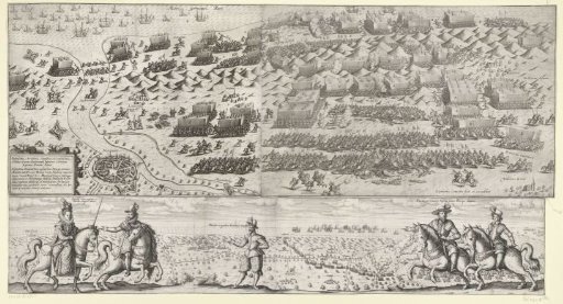 The Battle of Nieuwpoort Combined with Portraits of Albrecht and Isabella with Mendoza and Maurice and Frederick Henry on Horseback Before the Battlefield, 1600