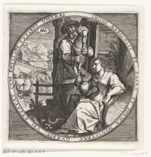 The Month of July, Bagpiper and Woman with a Jug, ca. 1600
