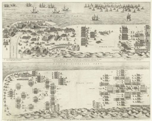 Two scenes; top: the States Army crosses the harbor at Nieuwpoort and the States and Spanish armies face each other on the beach at Nieuwpoort; bottom: the battle orders and first skirmishes between States and Spanish soldiers on the beach at Nieuwpoort, 1600