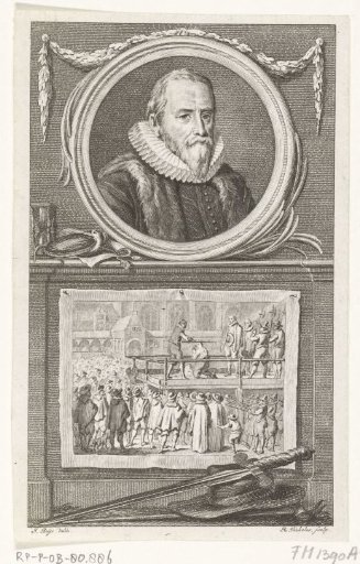 Portrait of Johan van Oldenbarnevelt with an image of his beheading, 1619