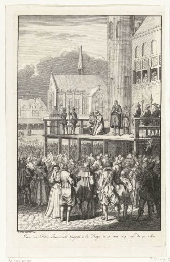 Johan van Oldenbarnevelt kneeling before his beheading, 1619