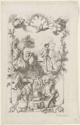 Figures in a landscape, monument and putti on clouds