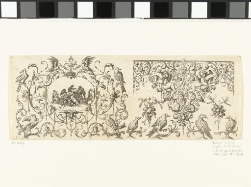 Border decoration with an oval on the left and two putti on the right