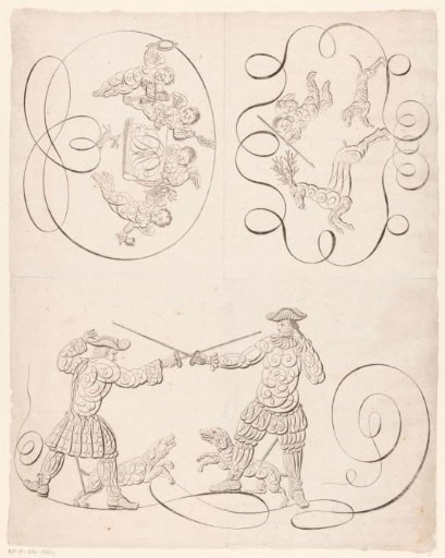 Calligraphy with duelling men and putti