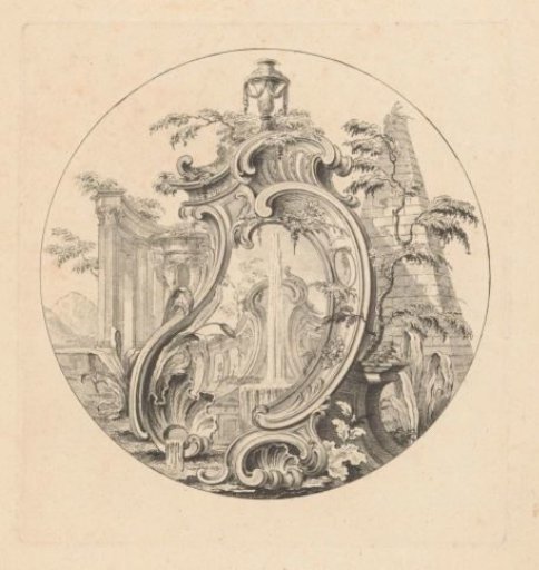 Cartouche in a Landscape with a Pyramid