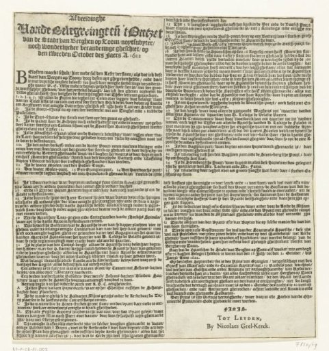 Text plate accompanying a (missing) print of the Siege of Bergen op Zoom by Spinola, 1622