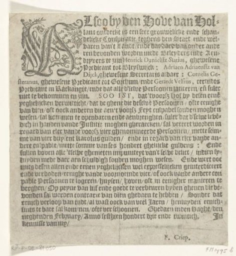 Proclamation of the reward offered for the person who reveals one of the conspirators against Maurice, 1623