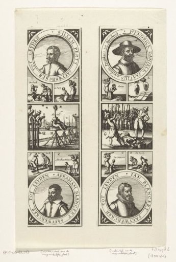 Two plates of the execution of Henricus Slatius, Willem Perty, and Jan and Abraham Blansaert, 1623