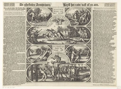 Discovery, dragging away, and re-hanging of the body parts of Slatius, Coorenwinder, and Gerrits, 1623