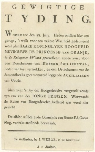 Announcement of the Arrest of Princess Wilhelmina at Goejanverwellesluis by Patriots, 1787
