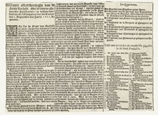 Text sheet accompanying the print of the Siege of La Rochelle, 1627-1628