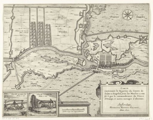 Map with the watermills and the army quarters of the Count of Solms during the siege of 's-Hertogenbosch, 1629