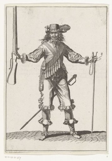 Soldier with Outstretched Arms Holding His Musket in His Right Hand and His Fork in His Left Hand, ca. 1645