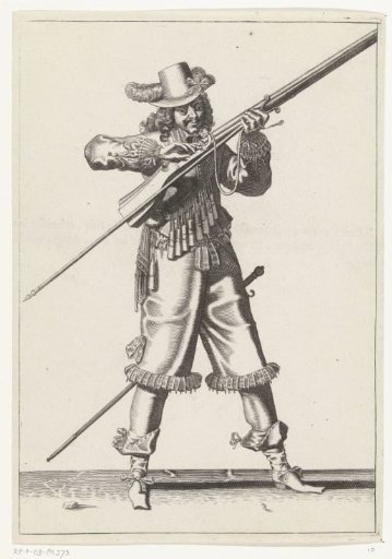 Soldier blowing his match clean while covering the pan of his musket with two fingers to prevent sparks, ca. 1645