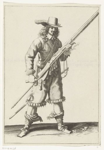 Soldier blowing sparks from the pan of his musket, ca. 1645