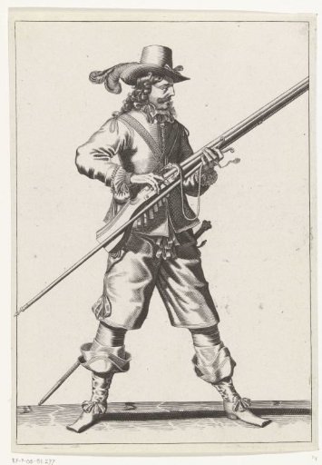 Guard soldier covering the pan of his musket with two fingers to prevent sparks, ca. 1645