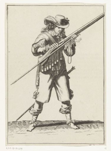 Soldier blowing powder from his musket, ca. 1645