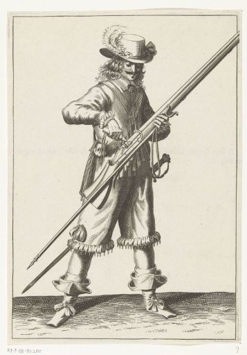 Soldier pouring powder into the pan of his musket, ca. 1645
