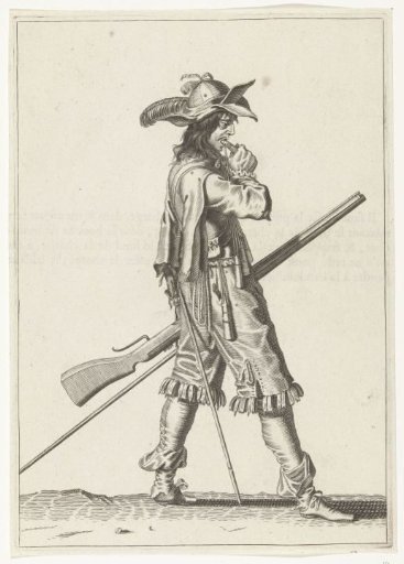Soldier with a musket opening a powder measure with his mouth, ca. 1645