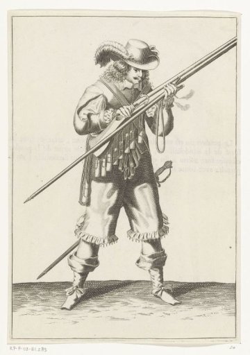 Soldier blowing powder from his musket, ca. 1645