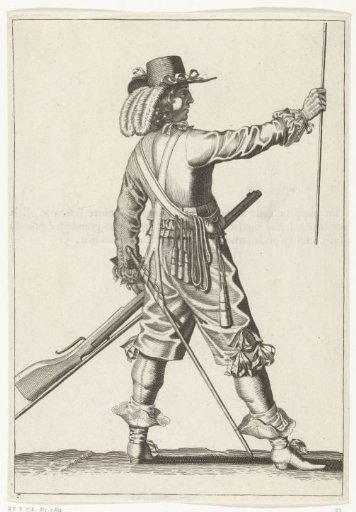 Soldier holding the ramrod of his musket straight in front of him, ca. 1645