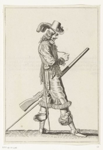Soldier with a musket opening a powder measure, ca. 1645